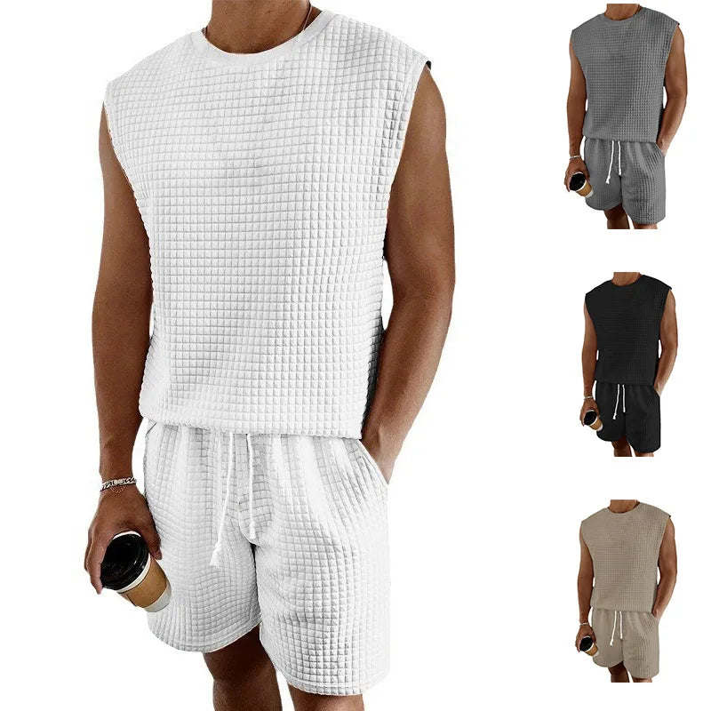 Männer Kurze Sets Casual Oansatz Ärmellose Waffel Westen Tops & Hohe Elastische Taille Kordelzug Breite Bein kurze Anzüge CBFS-2447